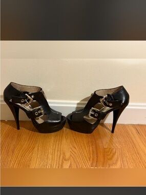 Michael Kors Black Leather Peep-Toe Platform Ankle Booties with Silver Hardware